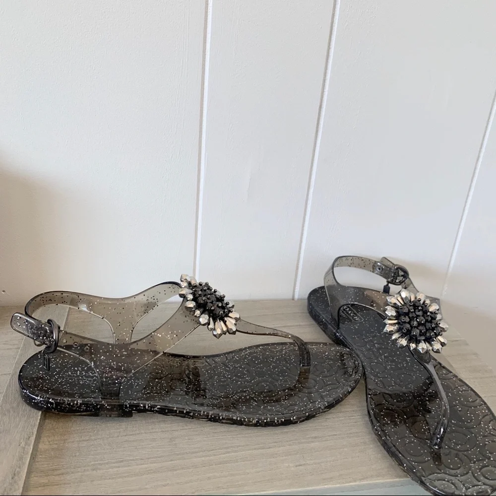 Coach Smoky Black Jelly Sandals with Crystal Flower Accent